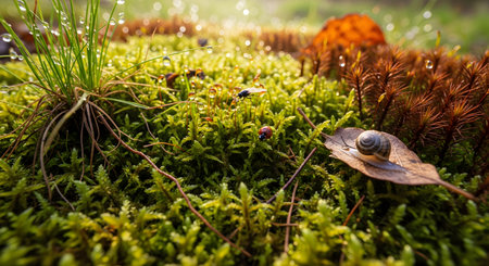 A beautiful macro shot captures a miniature world on the forest floor, bathed in morning sunlight. Dew-covered green moss provides the landscape for a tiny snail on a fallen leaf, a ladybug, and other insects. This enchanting image highlights the delicate beauty and complexity of nature's small ecosystems.の素材