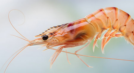 A close-up, high-detail macro photograph of a single fresh, raw shrimp against a light, neutral background. The translucent shell with its vibrant orange stripes and delicate antennae are clearly visible, highlighting its freshness for culinary use.の素材