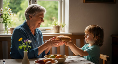 A heartwarming moment between a smiling grandmother and her young grandchild as they share a loaf of freshly baked bread across a rustic wooden table. The tender interaction captures themes of family, love, sharing, and the bond between generations.の素材