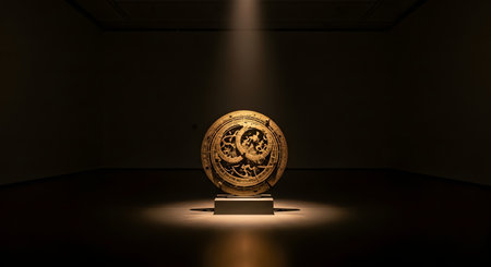 An ancient, intricately designed astrolabe artifact is displayed on a pedestal under a single spotlight in a dark museum room. The dramatic lighting emphasizes the historical and scientific importance of this astronomical instrument, creating a sense of wonder and discovery.の素材
