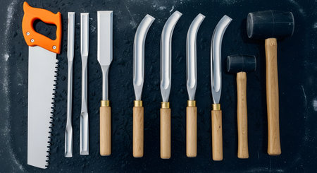 A top-down flat lay of a professional set of woodworking tools neatly arranged on a dark, textured background. The collection includes a handsaw, various chisels, carving gouges, and mallets, representing carpentry, craftsmanship, and manual labor.の素材