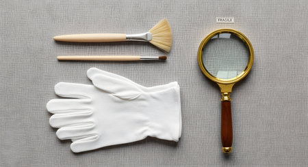 A neatly arranged flat lay of tools used for archaeology, conservation, or detailed inspection on a gray surface. The set includes a white cotton glove, a magnifying glass, and fine brushes, with a 'FRAGILE' label nearby. This image represents meticulous work, research, preservation of artifacts, and careful examination.の素材