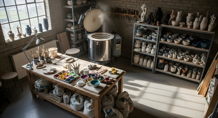 An authentic and atmospheric pottery studio filled with natural light from a large window. The space includes a messy workbench with tools and paints, shelves stocked with ceramic pieces, bags of clay, and a large kiln in the background, representing a creative artisan's workspace.の素材