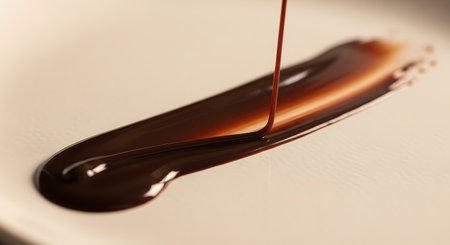 A close-up, minimalist shot of rich, dark melted chocolate being elegantly poured, creating a smooth, artistic smear on a white surface. The glossy sauce forms a perfect brushstroke, ideal for gourmet dessert and confectionery concepts.の素材