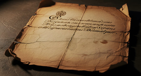 An old, weathered parchment with elegant calligraphy lies on a dark surface under dramatic lighting. The paper is cracked, stained, and folded, evoking a sense of history, mystery, and ancient secrets, like a historical decree or a treasure map.の素材