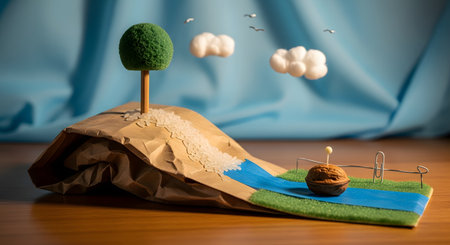 A whimsical and creative miniature landscape crafted from everyday items on a wooden table. A brown paper bag forms a mountain, rice grains create a path, and a walnut represents a house next to a blue paper river, illustrating concepts of creativity, imagination, and dioramas.の素材