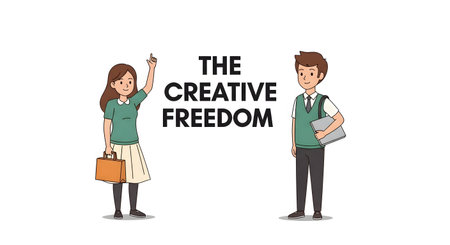 An illustration featuring two students in uniform standing on either side of the text 'THE CREATIVE FREEDOM'. The minimal design on a white background represents concepts of education, youth, creativity, and the importance of artistic expression in learning.の素材