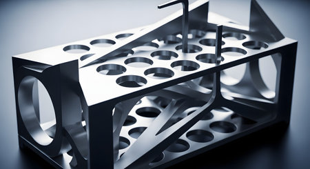 A sleek, modern object made of precisely machined metal, likely aluminum or steel, with a brushed finish. The object has a complex, geometric structure with multiple circular holes, resembling a futuristic test tube rack or an industrial component. The studio lighting emphasizes its clean lines and metallic texture.の素材