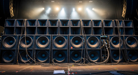 A powerful front view of a massive wall of speakers and subwoofers stacked on a concert stage. The impressive sound system is wired and ready for a performance, with stage lights shining from above, symbolizing the power of live audio.の素材