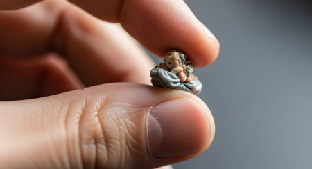 A macro shot showing a person's thumb and forefinger holding an extremely small and intricately detailed micro sculpture of a baby. The image emphasizes the concepts of precision, patience, miniature art, and delicate craftsmanship.の素材