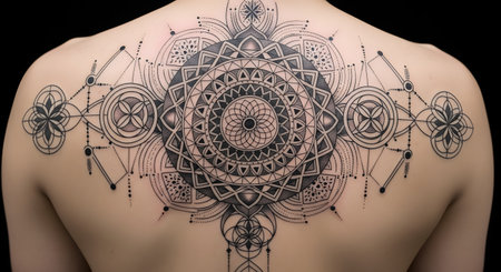 A large, intricate, and symmetrical tattoo of a geometric mandala covers the upper back of a person against a black background. The design features dotwork and sacred geometry, representing balance, harmony, and spirituality through body art.の素材