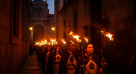 A solemn and atmospheric nighttime procession moves through a narrow, ancient street, with participants in traditional robes holding flaming torches. The warm firelight illuminates their serious faces and the stone architecture, creating a scene rich with history, tradition, and religious fervor. The event appears to be a medieval or religious festival.の素材