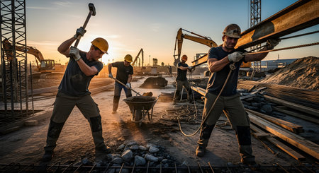 A dynamic shot of a team of construction workers engaged in hard manual labor on a building site during sunset. One worker swings a sledgehammer, another moves a wheelbarrow, and others pull on ropes, all showcasing the demanding nature of their job. The warm backlighting creates a dramatic, cinematic feel, highlighting their teamwork and dedication.の素材