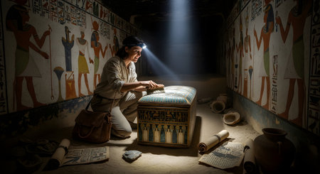 An excited archaeologist, illuminated by her headlamp and a shaft of light, makes a thrilling discovery inside a dark Egyptian tomb. Surrounded by walls covered in ancient hieroglyphs, she carefully brushes dust from an ornate, decorated chest. The scene is filled with a sense of adventure, history, discovery, and the excitement of uncovering ancient treasures.の素材