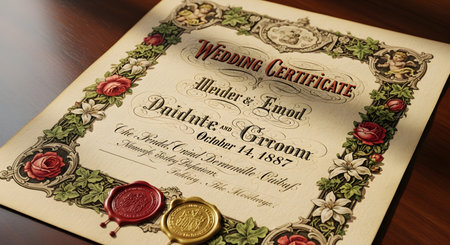 An ornate vintage wedding certificate from October 14, 1887, rests on a wooden table. The document features elaborate floral borders, calligraphy, and two wax seals, evoking a sense of history, romance, and tradition.の素材