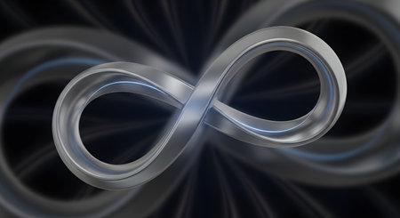 A sleek, metallic infinity symbol is featured against a dark, abstract background. The 3D render highlights the symbol's smooth curves and brushed metal texture, representing concepts of eternity, endlessness, and modern design.の素材
