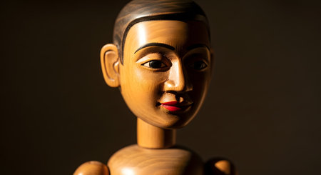 A close-up studio portrait of a traditional Indonesian Wayang Golek, a three-dimensional wooden rod puppet. The puppet has a beautifully carved and painted face with delicate features and is lit dramatically from the side, highlighting its craftsmanship. This represents Javanese culture, art, and tradition.の素材