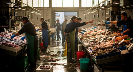 An atmospheric and bustling indoor fish market filled with activity as fishmongers in aprons tend to their stalls. The long counters are abundantly stocked with a variety of fresh fish and seafood, while the wet floors and industrial lighting add to the authentic ambiance. This image captures the vibrant energy of a traditional market and the fresh food trade.の素材