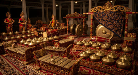 A complete set of a traditional Indonesian Gamelan orchestra is arranged on an ornate red carpet. The beautifully crafted bronze instruments gleam under the lights, with several female performers in traditional Balinese attire seated in the background, capturing the rich cultural heritage of Indonesia.の素材