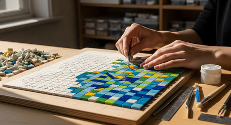 An artist's hands are shown in close-up, using tweezers with precision to place small, colorful glass tiles onto a board with a drawn grid. The intricate process of creating a vibrant mosaic artwork is highlighted, showcasing patience, creativity, and craftsmanship. The workshop setting is filled with natural light, focusing on the detailed craft.の素材