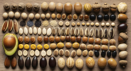 A top-down flat lay showcases a diverse collection of seeds, nuts, and pits neatly organized in rows on a wooden surface. This detailed assortment demonstrates the vast biodiversity in nature's plant life, representing agriculture, botany, and healthy food.の素材