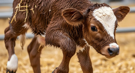 A wet, newborn brown and white calf, with straw on its back, takes its first wobbly steps in a barn. The image captures the innocence and fragility of new life in an agricultural or farm setting.の素材