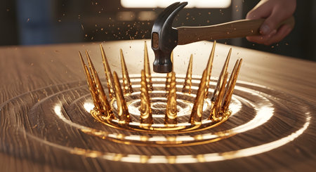 A conceptual 3D rendering of a hammer about to smash a golden crown made of sharp nails on a wooden surface. The dramatic scene, with wood fragments flying, symbolizes revolution, the destruction of power and authority, and rebellion.の素材