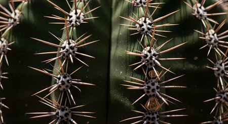 An extreme macro photograph capturing the sharp, dangerous spines of a green cactus. The detailed texture of the plant and the geometric pattern of the thorns are in sharp focus, symbolizing defense, resilience, and desert nature.の素材
