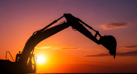 A powerful silhouette of an excavator's arm and bucket against a stunning, vibrant orange and purple sunset. The heavy machinery is idle at the end of the day on a construction site. The image contrasts industrial power with natural beauty.の素材