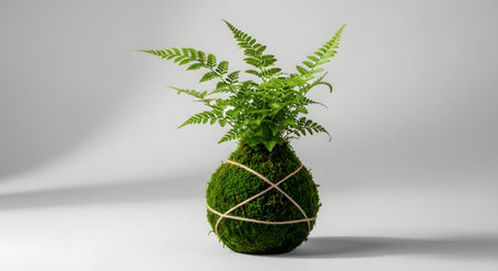 A beautiful Japanese kokedama, featuring a vibrant green fern growing from a moss ball wrapped with twine, is displayed against a clean, gray background. The image represents the unique and minimalist style of bonsai, tranquility, nature, and Japanese aesthetics.の素材