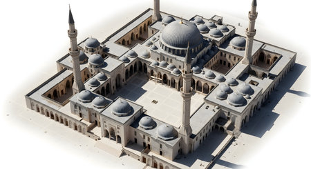A detailed architectural model of a grand mosque, viewed from an aerial perspective and isolated on a white background. The intricate design showcases a large central dome, numerous smaller domes, tall minarets, and expansive courtyards, representing classic Islamic architecture.の素材