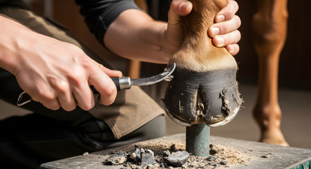 A close-up shot of a farrier's hands expertly cleaning a horse's hoof with a hoof pick. The horse's hoof is resting on a stand, and the farrier is carefully removing dirt and debris, showcasing equine care and the traditional craft of blacksmithing.の素材