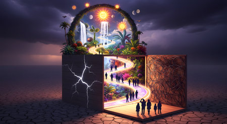 A surreal and conceptual image of a large box sitting in a cracked desert landscape, opening up to reveal a vibrant, paradise-like world inside. Silhouetted figures walk along a glowing path towards a utopian scene with waterfalls and celestial bodies, symbolizing hope, discovery, and new beginnings.の素材