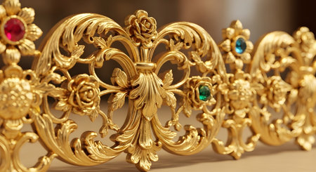 A close-up shot of a beautifully intricate, gilded tiara or crown featuring ornate floral and leaf patterns, including detailed roses. The luxurious gold metalwork is adorned with small, colorful gemstones, representing royalty, luxury, and fine craftsmanship.の素材