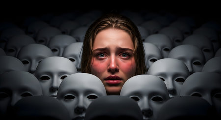 A conceptual image portraying mental health struggles, where a distressed and crying woman's face emerges from a sea of identical, emotionless white masks. The stark contrast highlights feelings of loneliness, social anxiety, and being different in a conforming society.の素材