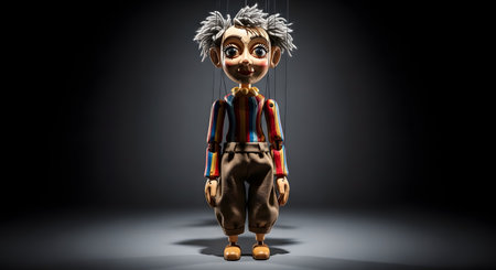 A classic wooden string puppet, or marionette, stands under a single spotlight against a dark, dramatic background. The colorful, handcrafted puppet has a whimsical and slightly melancholic expression, representing performance, control, and theater.の素材