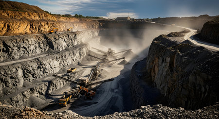 A sweeping view of a large open-pit mine or quarry, showcasing the massive scale of the excavation with its terraced walls. Heavy industrial machinery, including excavators, dump trucks, and a central stone crushing conveyor system, are actively working within the dusty pit. The image represents the mining industry, resource extraction, and industrial landscapes.の素材