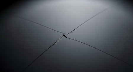 A minimalist and abstract photograph of a dark, reflective surface, such as glass or a screen, with fine cracks radiating from a central point of impact. The subtle, dramatic lighting from above highlights the clean lines of the fracture against the smooth, dark background. The image conveys concepts of fragility, damage, stress, and minimalist beauty.の素材