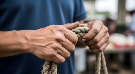 A close-up shot of a man's strong, muscular hands with prominent veins, firmly gripping a thick, coarse rope. The focus on the hands suggests physical strength, hard work, manual labor, and determination. The blurred background implies an outdoor or work setting.の素材
