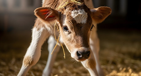 A close-up portrait of a cute, newborn brown and white calf standing on shaky legs in a bed of straw inside a barn. The young animal, with some straw on its head, looks curiously at the camera, representing new life on the farm.の素材