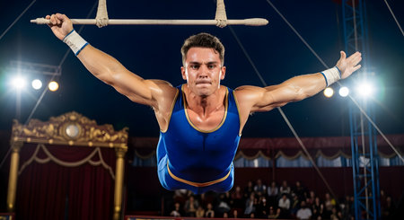 A strong and focused male trapeze artist is captured in mid-air, flying through the circus tent while holding onto the trapeze bar. His muscular physique is evident as he performs a daring acrobatic feat, conveying strength, skill, and the excitement of the circus.の素材