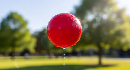 A bright red, wet playground ball is captured in mid-air, seemingly frozen in time with water droplets dripping from its surface. The background is a sun-drenched park with green grass and trees, evoking a playful and fun summer day.の素材