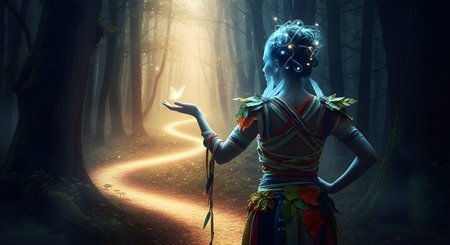 A whimsical fantasy scene of a woman, resembling a wood nymph or fairy, standing in an enchanted forest. Her back is to the camera as she holds out her hand to a small, glowing butterfly, illuminating her face. A magical, winding path of light glows on the forest floor, leading deeper into the mystical woods.の素材