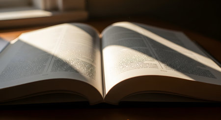An open book rests on a wooden table, with dramatic stripes of light and shadow falling across its pages from a nearby window. The image evokes a quiet, contemplative mood, suggesting study, knowledge, reading, and the peaceful pursuit of learning.の素材