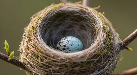A close-up view of a single, speckled blue bird's egg resting safely inside a beautifully woven nest. The nest, made of twigs and moss, is situated on a branch with fresh green buds, symbolizing new life, spring, and nature's beginnings. The image evokes feelings of fragility, hope, and anticipation.の素材