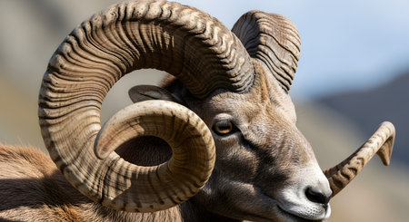 A detailed close-up portrait of a male Bighorn Sheep (ram). The focus is on its massive, curved, textured horns and intense, watchful eye. The majestic wild animal is shown in its natural habitat with a blurred mountain background, representing wildlife and the North American wilderness.の素材