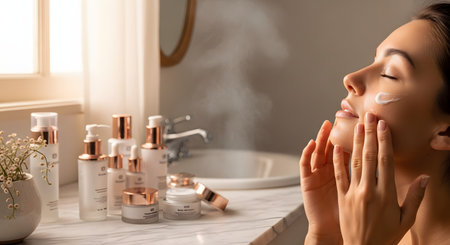 A serene woman with her eyes closed gently applies moisturizing cream to her face as part of her daily skincare routine. She is in a bright, modern bathroom with a collection of cosmetic products on the counter, and a gentle mist or steam floats in the air, suggesting a spa-like experience. This image represents beauty, self-care, and wellness.の素材