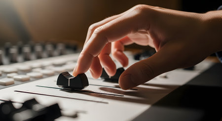 A close-up, dramatic shot of a sound engineer's hand adjusting a fader on a professional audio mixing console. The warm lighting highlights the action, representing music production, sound mixing, broadcasting, and technical precision in a recording studio.の素材