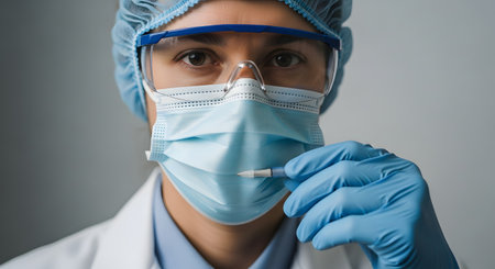 A close-up, intense portrait of a healthcare worker or scientist looking directly at the camera while wearing full Personal Protective Equipment (PPE). Their face is covered by a surgical mask, safety goggles, and a hair cap, highlighting their focused and serious eyes. This powerful image represents the dedication of frontline workers, healthcare, medical research, and safety during a pandemic.の素材