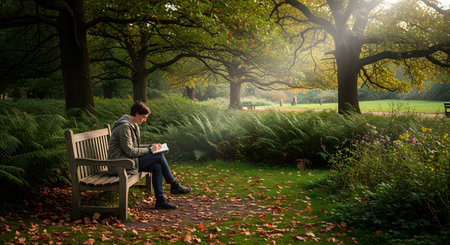 A person sits peacefully on a wooden bench in a tranquil park, engrossed in writing or sketching in a notebook. The scene is set in autumn, with fallen leaves on the ground and golden sunlight filtering through the canopy of large, mature trees.の素材